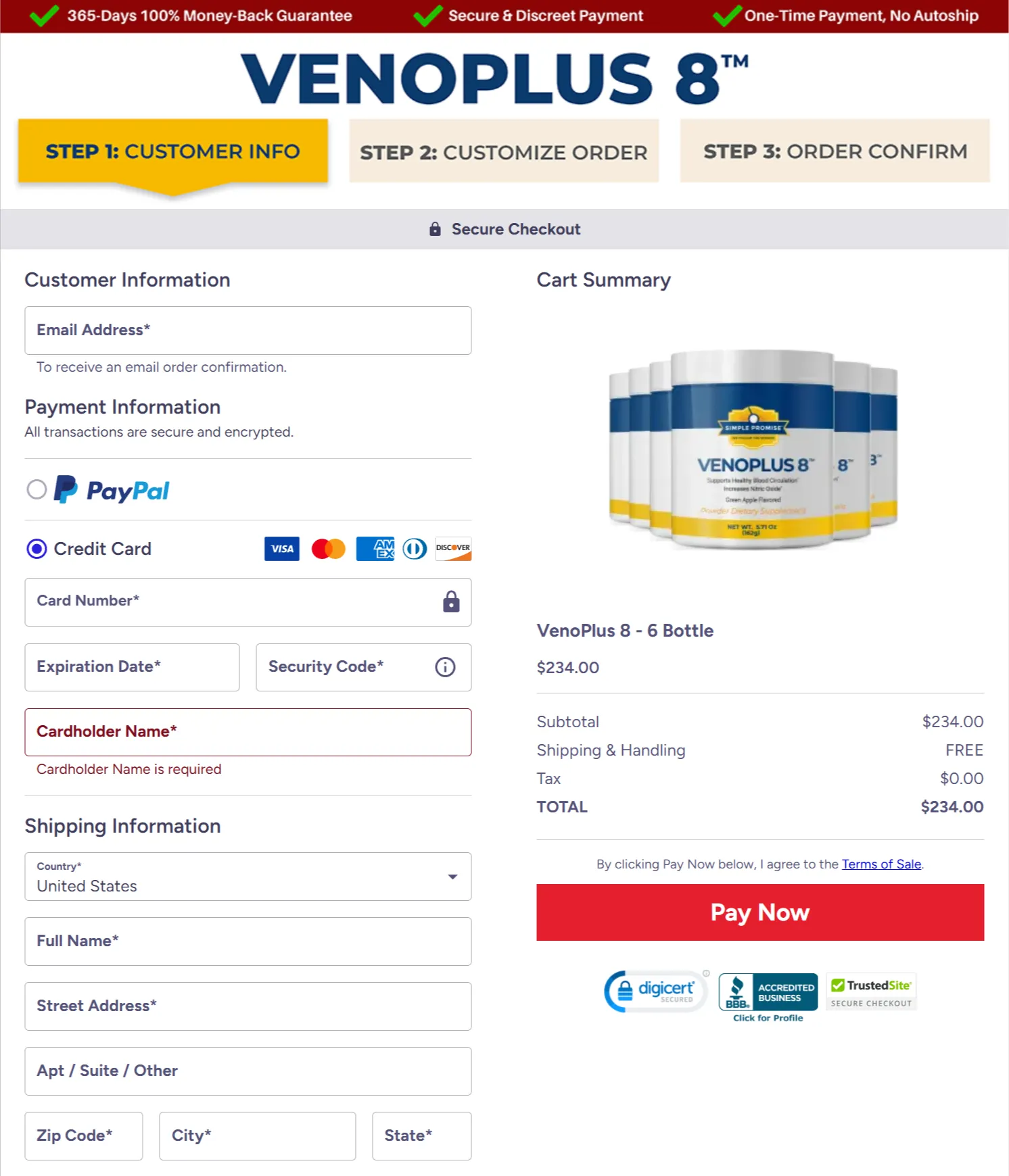 VenoPlus 8 checkout page